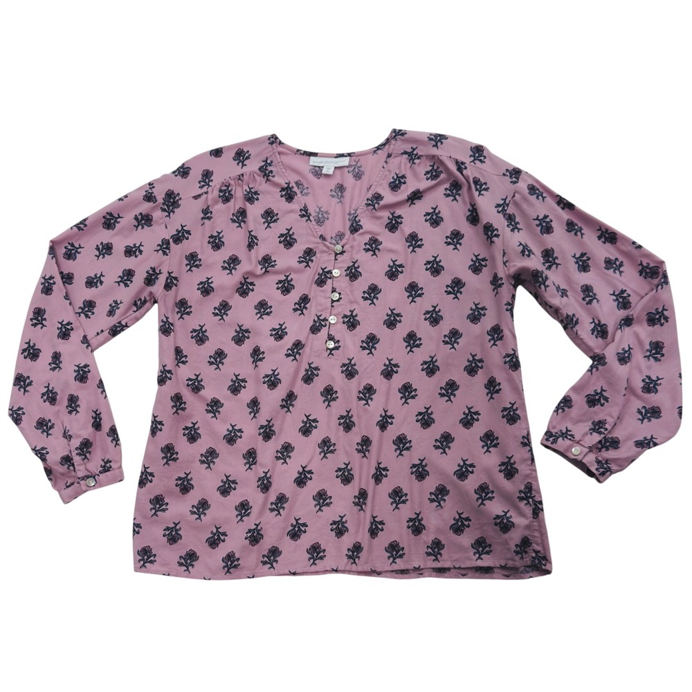 Pure Jill Organic Cotton Floral Henley Popover Blouse Purple MED Tall V Neck